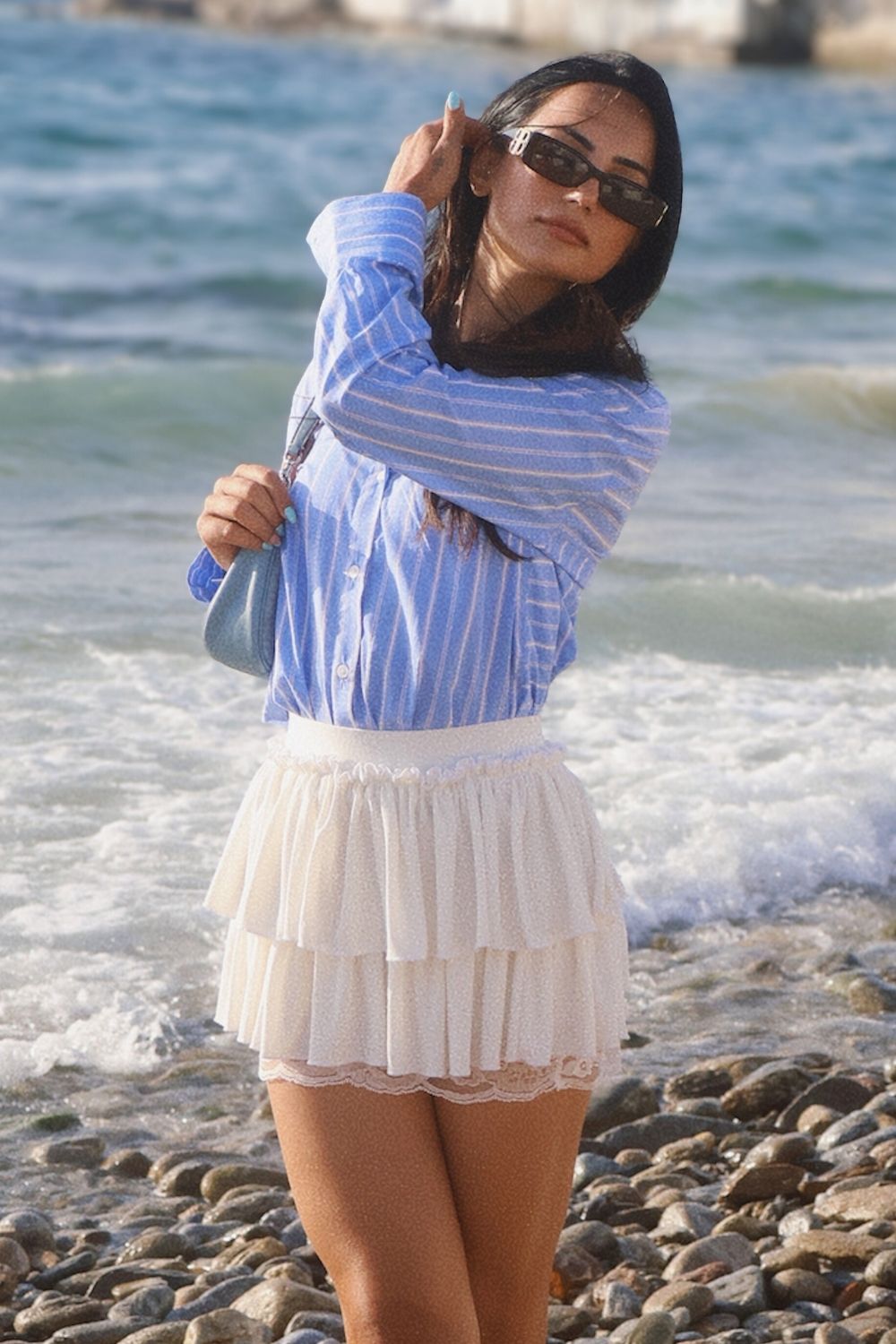 White Double ruffle skirt with lace hem