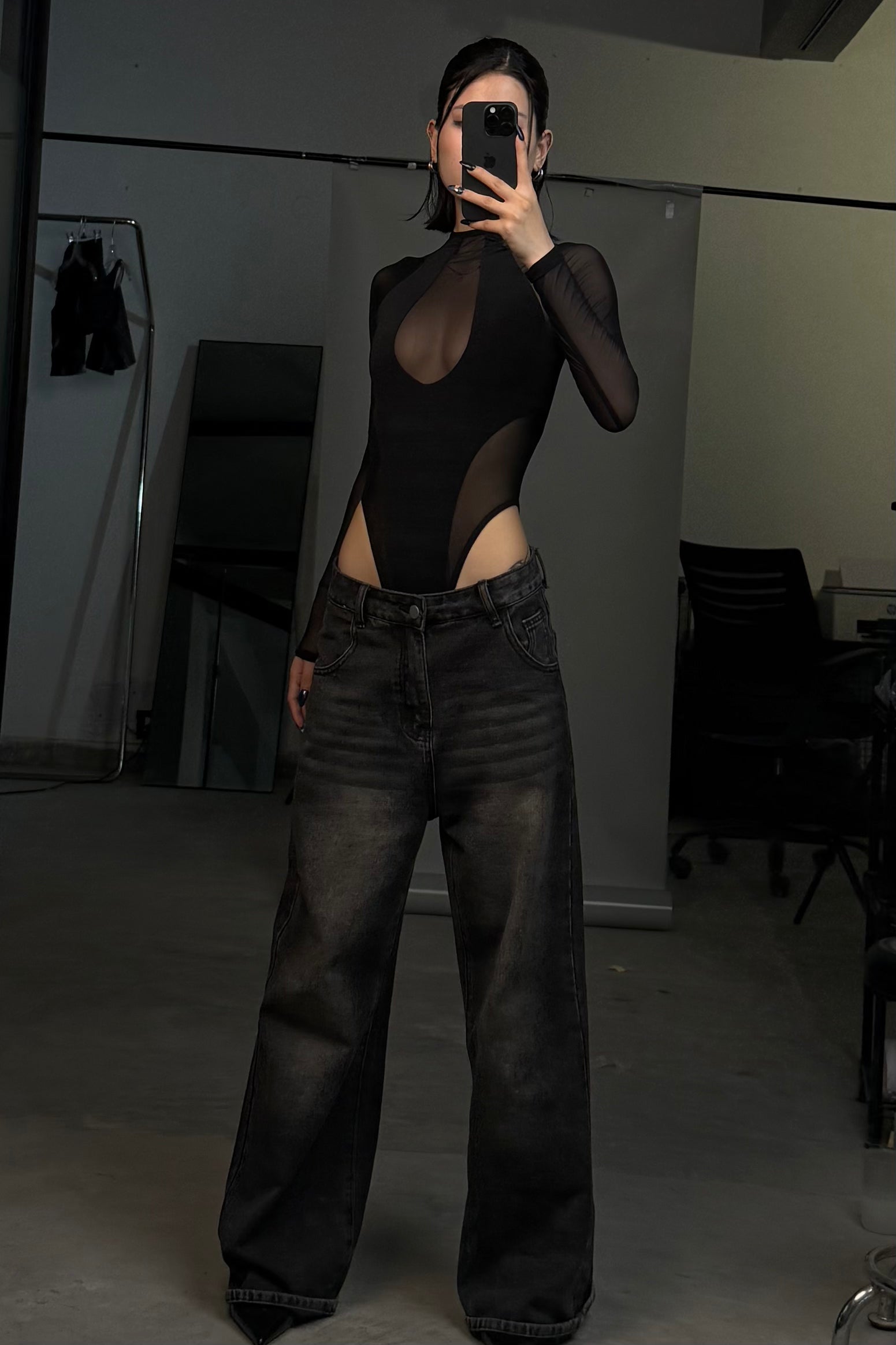 Black mesh me up bodysuit