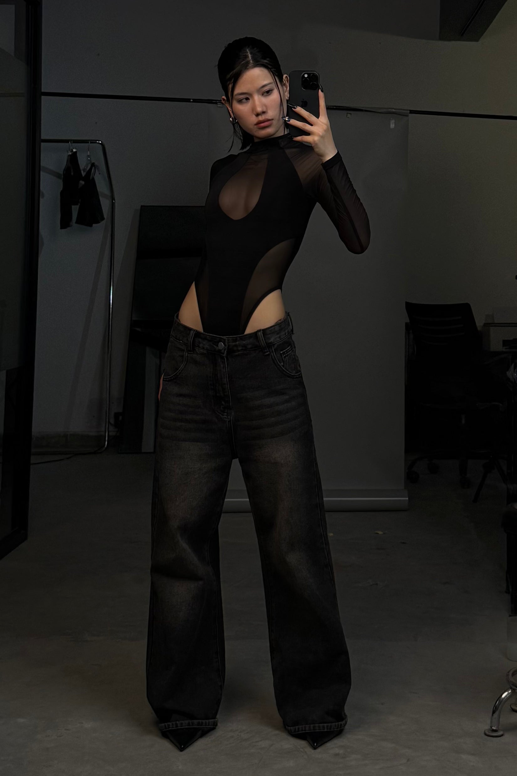 Black mesh me up bodysuit