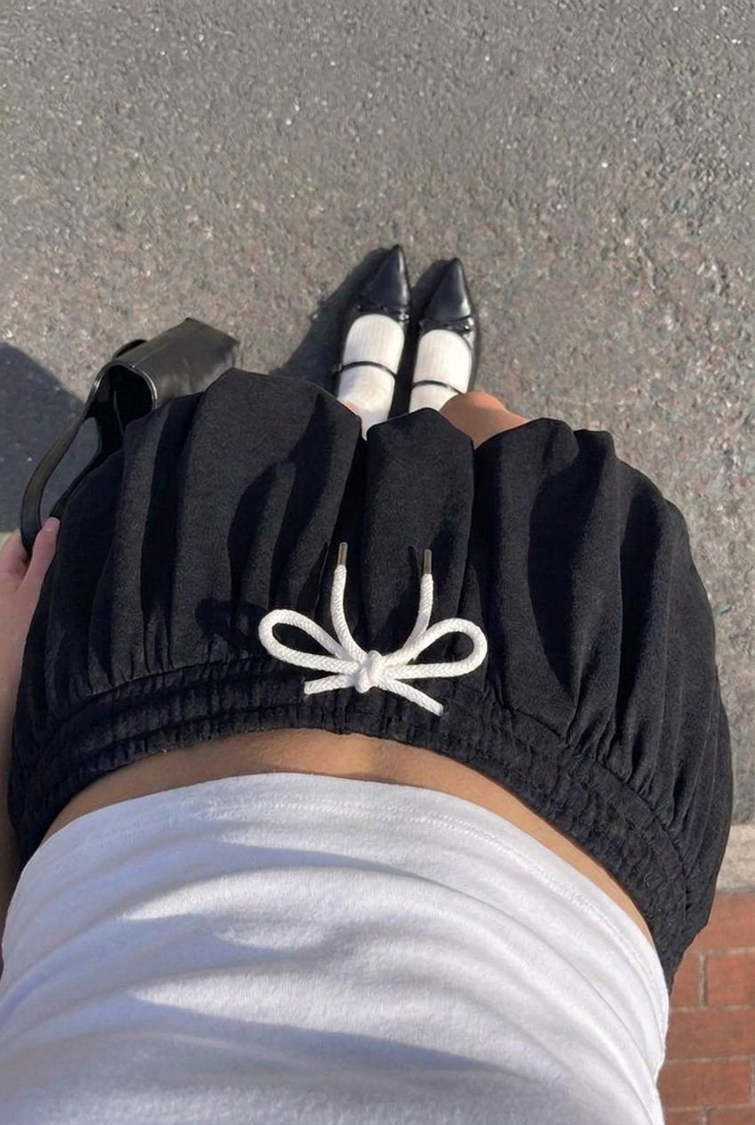 Black Bubble Skort - top-down view of drawstring waist