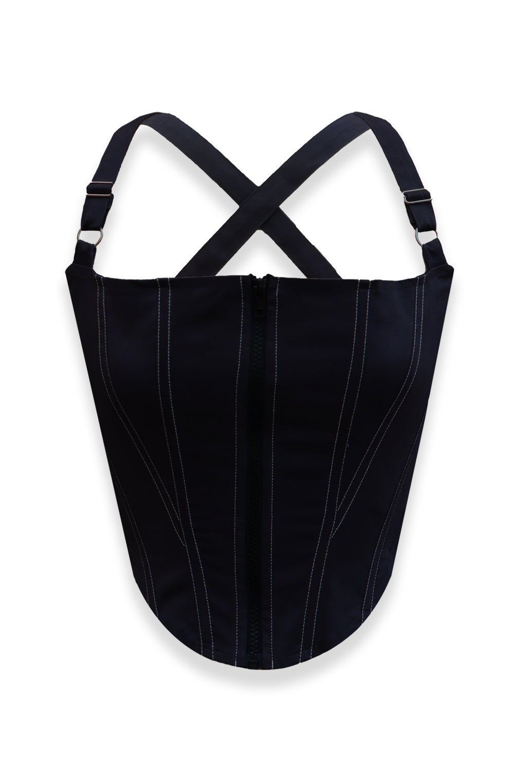 A Black CEO zip-up corset in cotton twill – edgy structured design by Beeglee