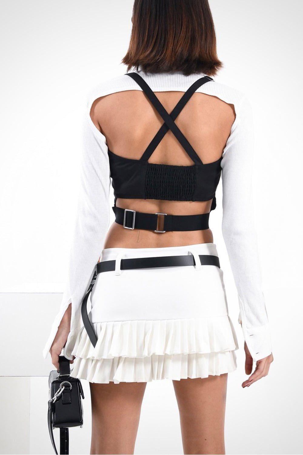 Woman wearing a black CEO zip-up corset in cotton twill – edgy structured design by Beeglee