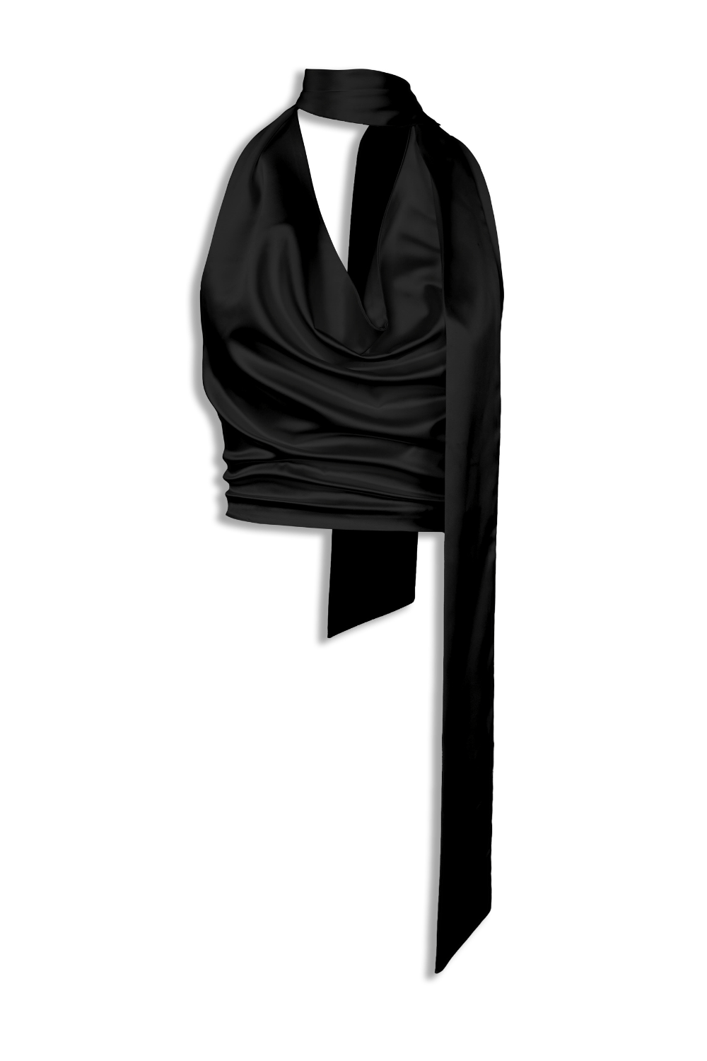 Black satin cowl neck halter top with draped neckline