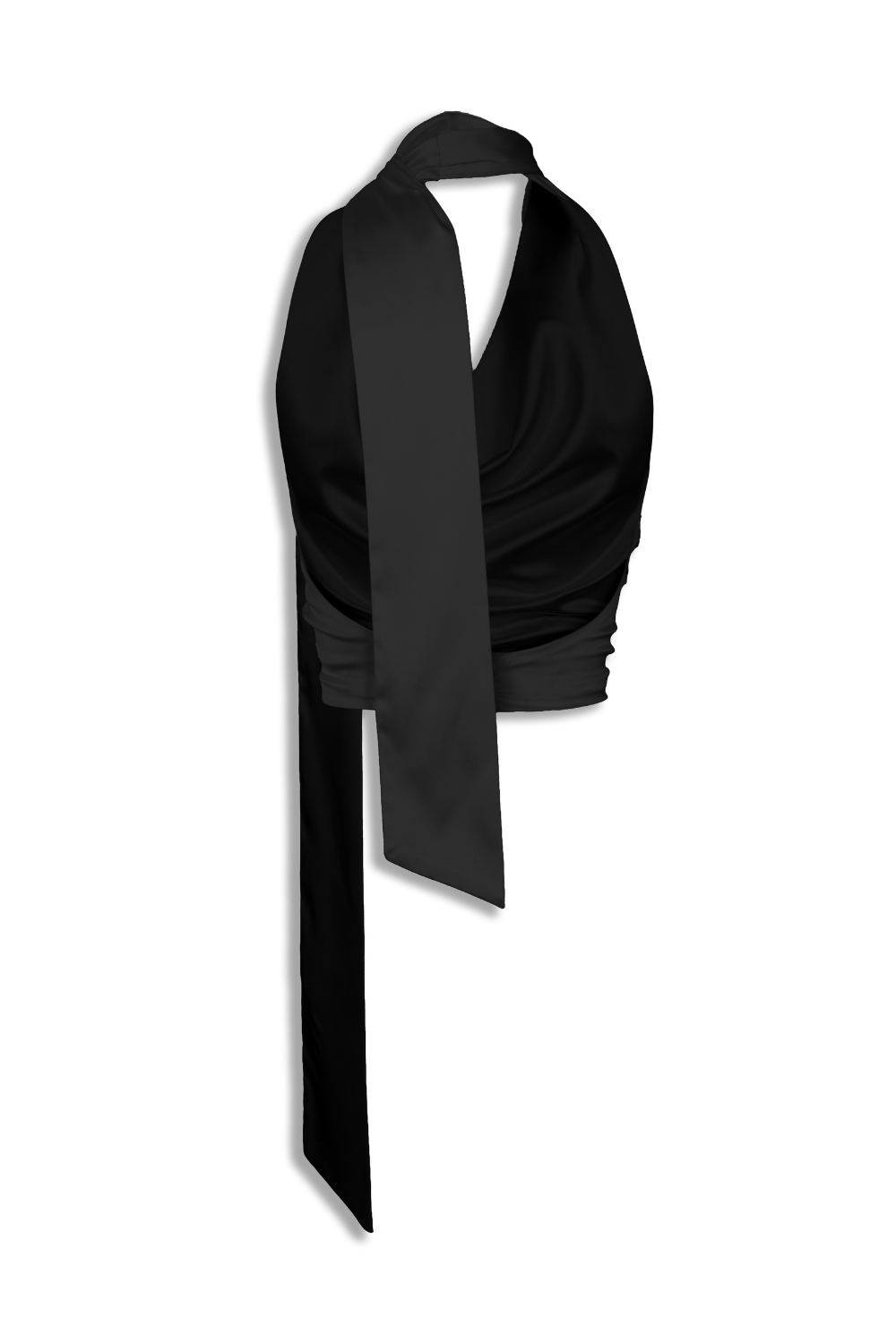 Black satin cowl neck halter top with draped neckline