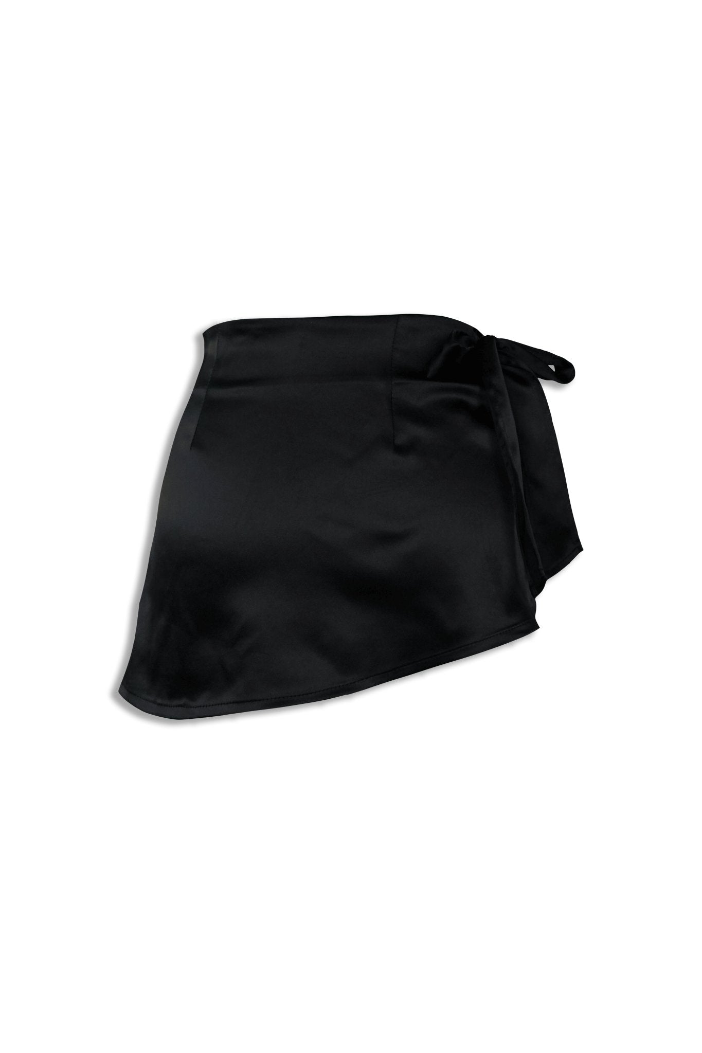black satin cowl wrap mini skirt with draped front detail