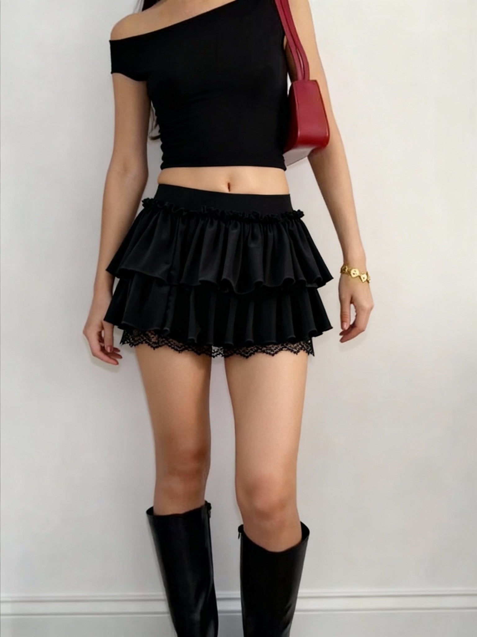 Black Double ruffle skirt with lace hem - BEEGLEE