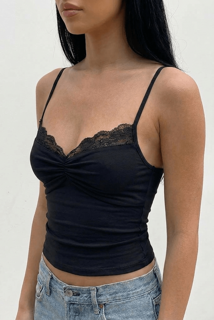 Black Gather Bust Lace Top - BEEGLEE