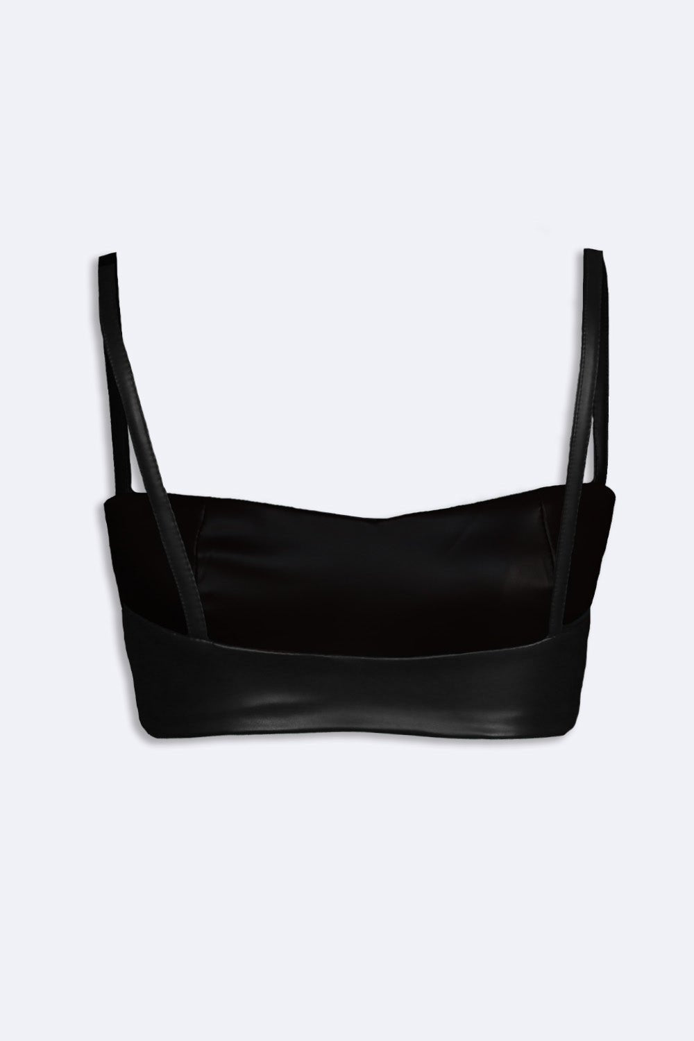 Black leather bralette with spaghetti straps and side zipper