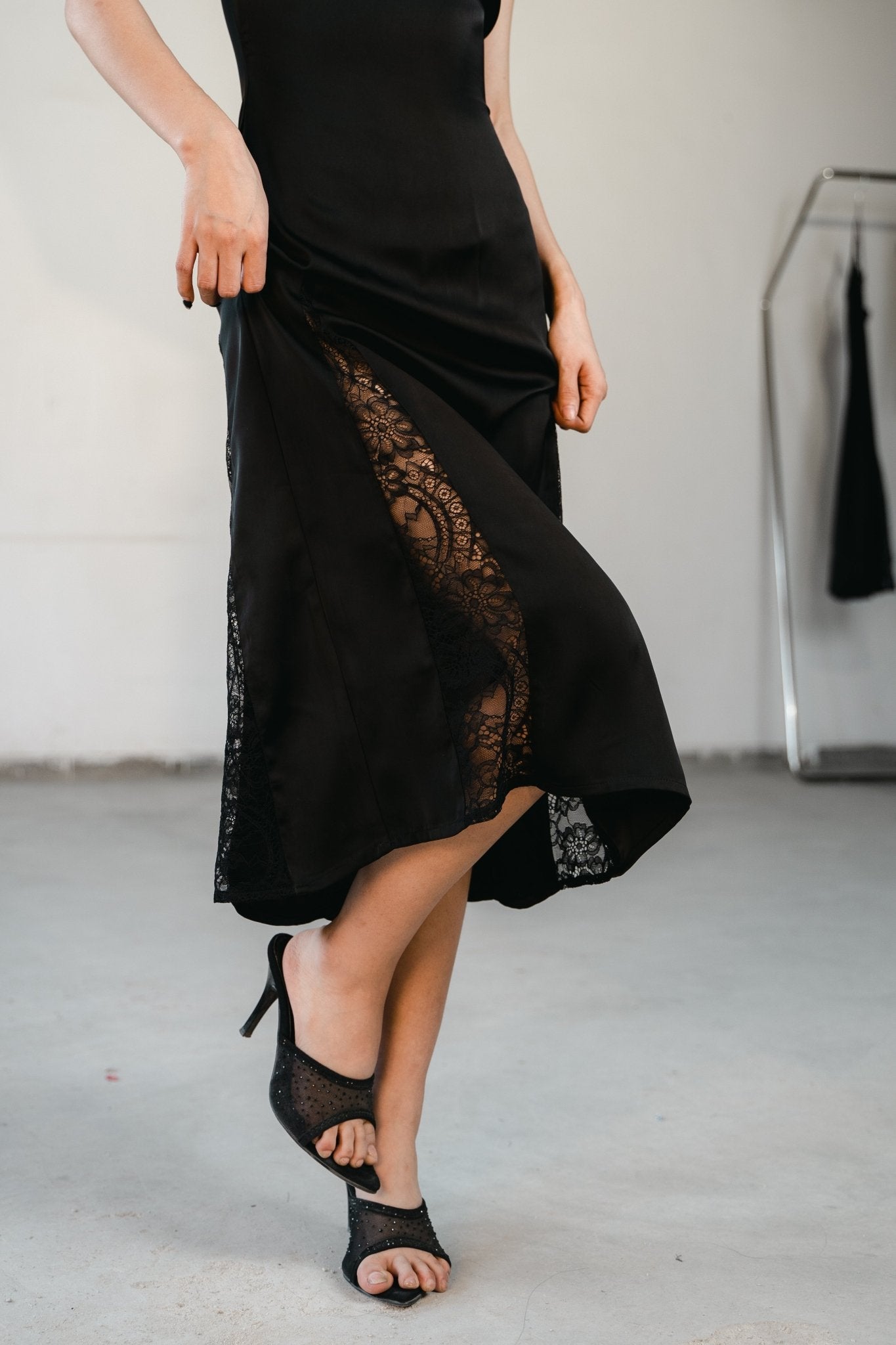Close-up of black lace detailing – intricate design with a soft, elegant texture