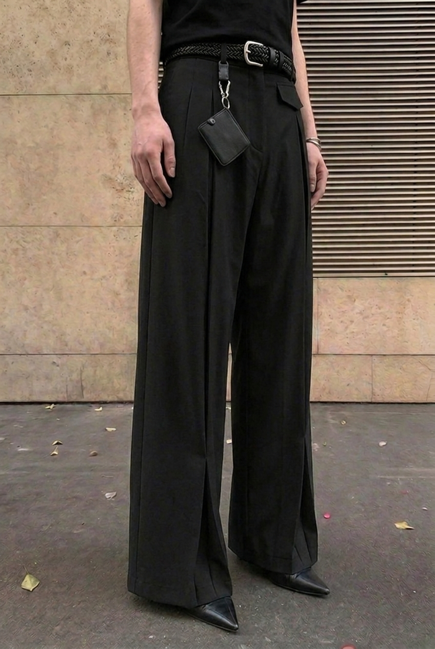 Black Myself Pants — front angle, high-rise pleats