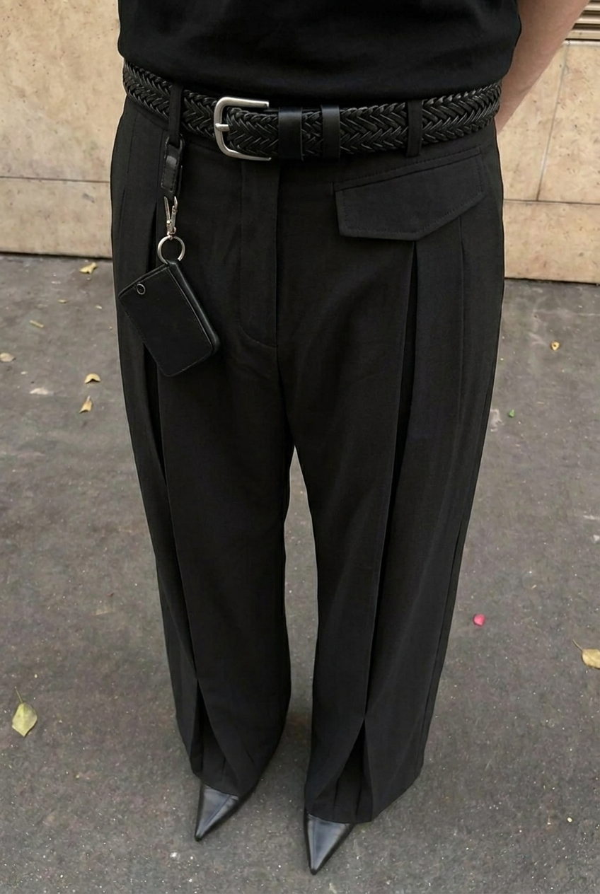 Black Myself Pants — front close, pleats and flap pocket