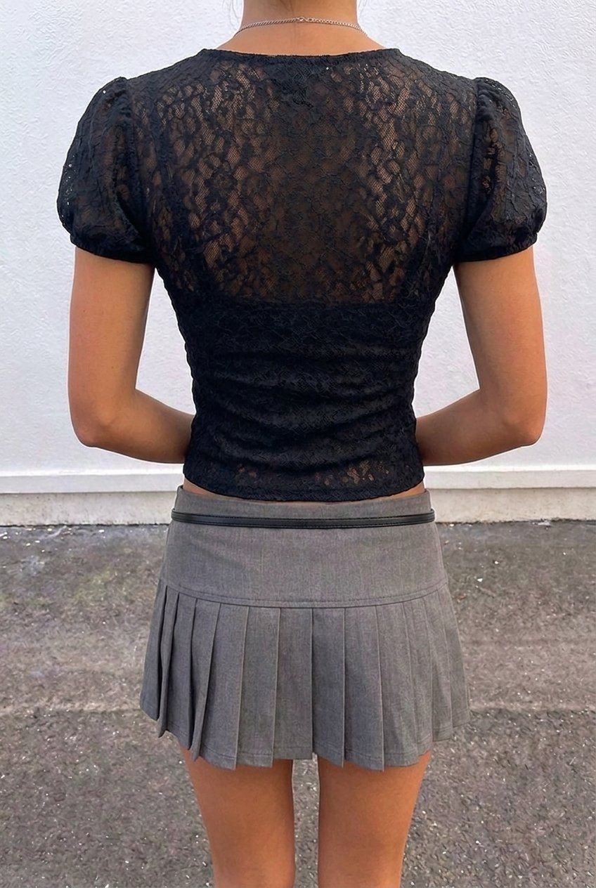 Black Ribbon Keyhole Lace Top — sheer lace back