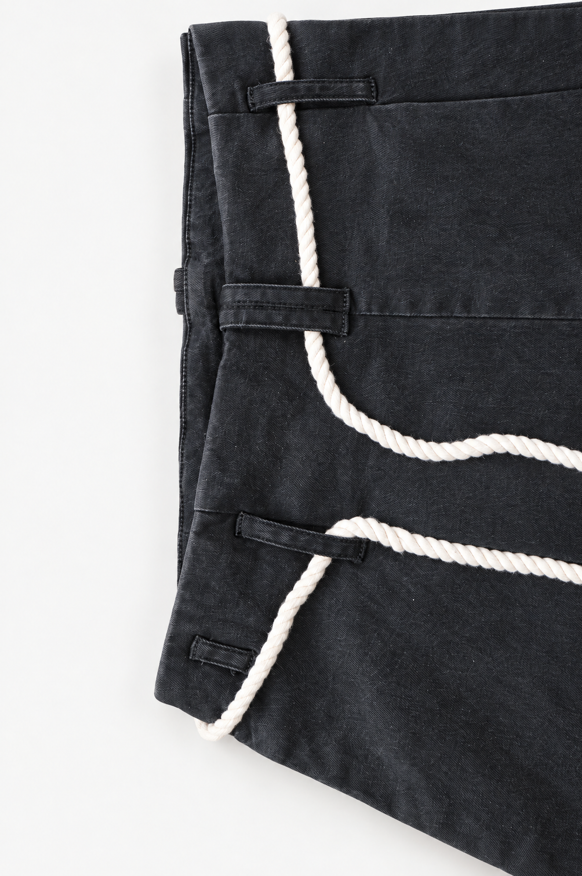 Black Rope Barrel Pants close-up of twisted cotton rope belt through loops