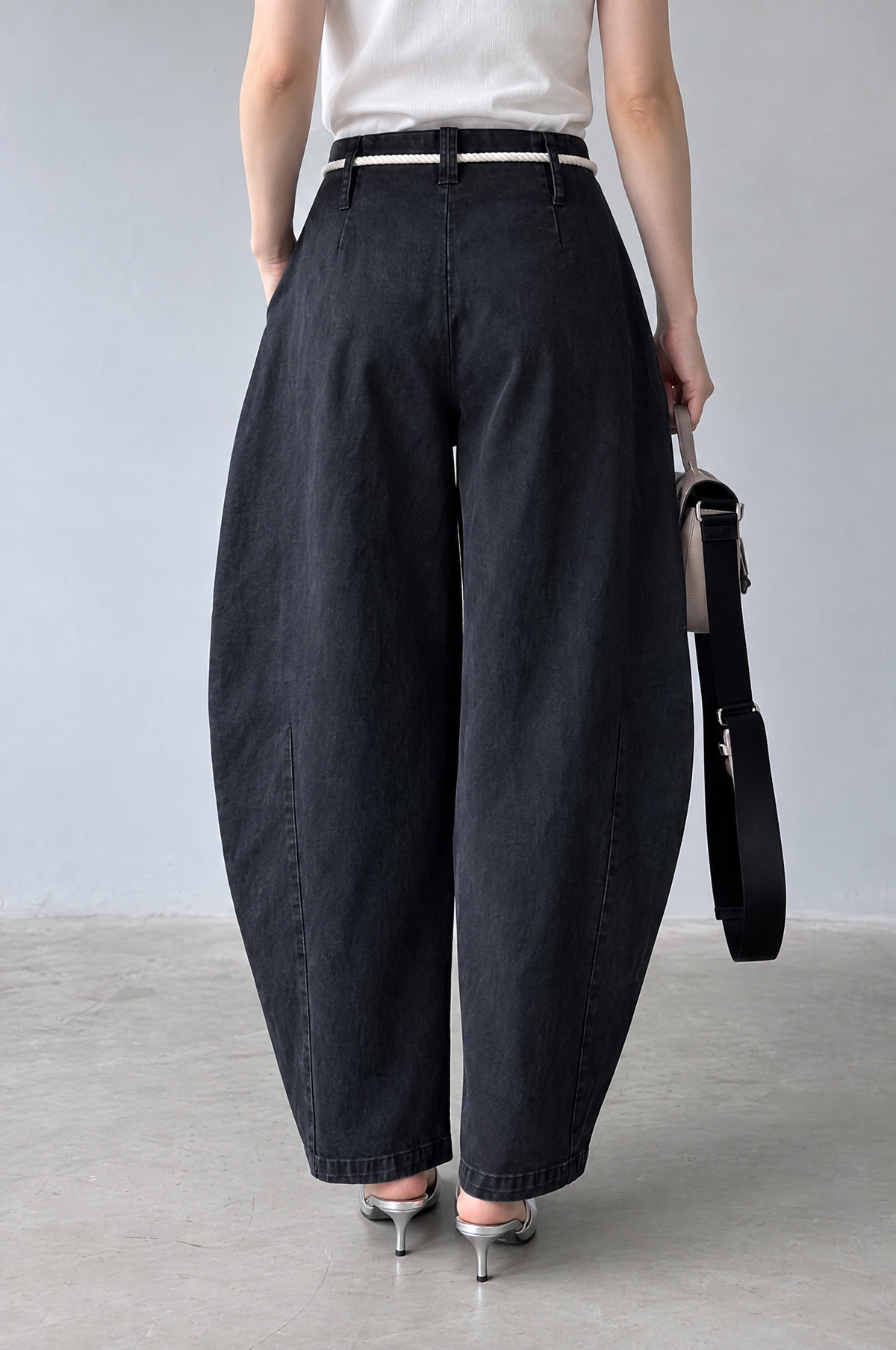 Black Rope Barrel Pants back view showing seamed balloon leg