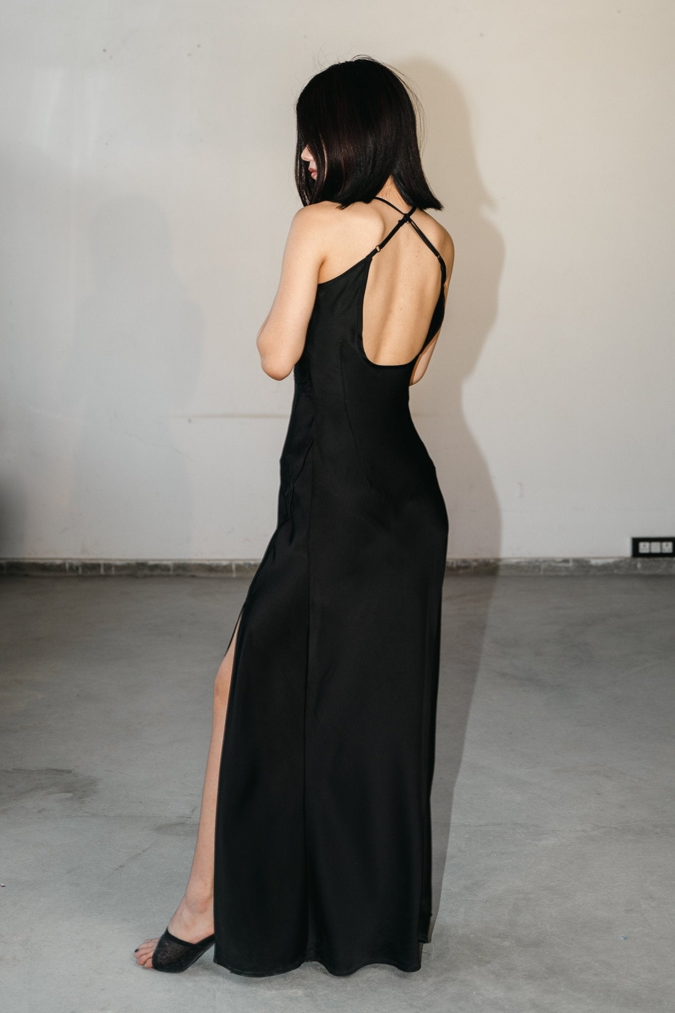 Back view of black maxi dress for women – classic and graceful party wear from BEEGLEE