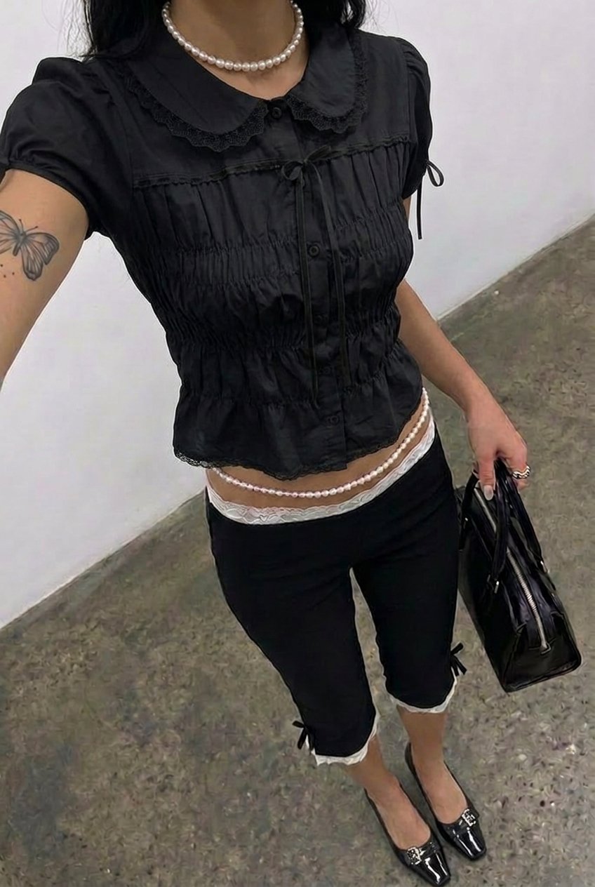 Black Shirred Lace Blouse - front, full length