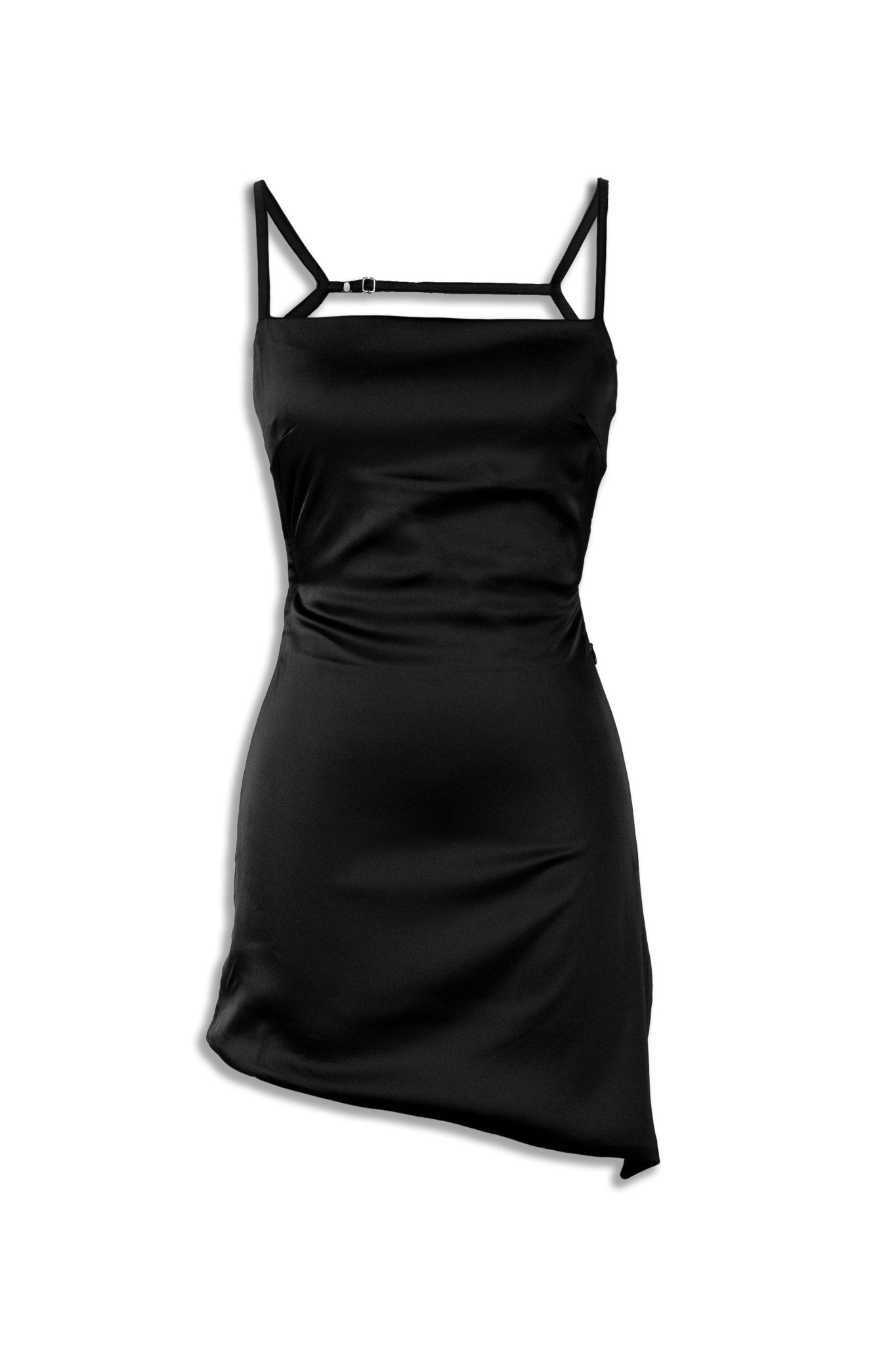 women wearing a sleeveless black satin mini dress – party wear from Beeglee