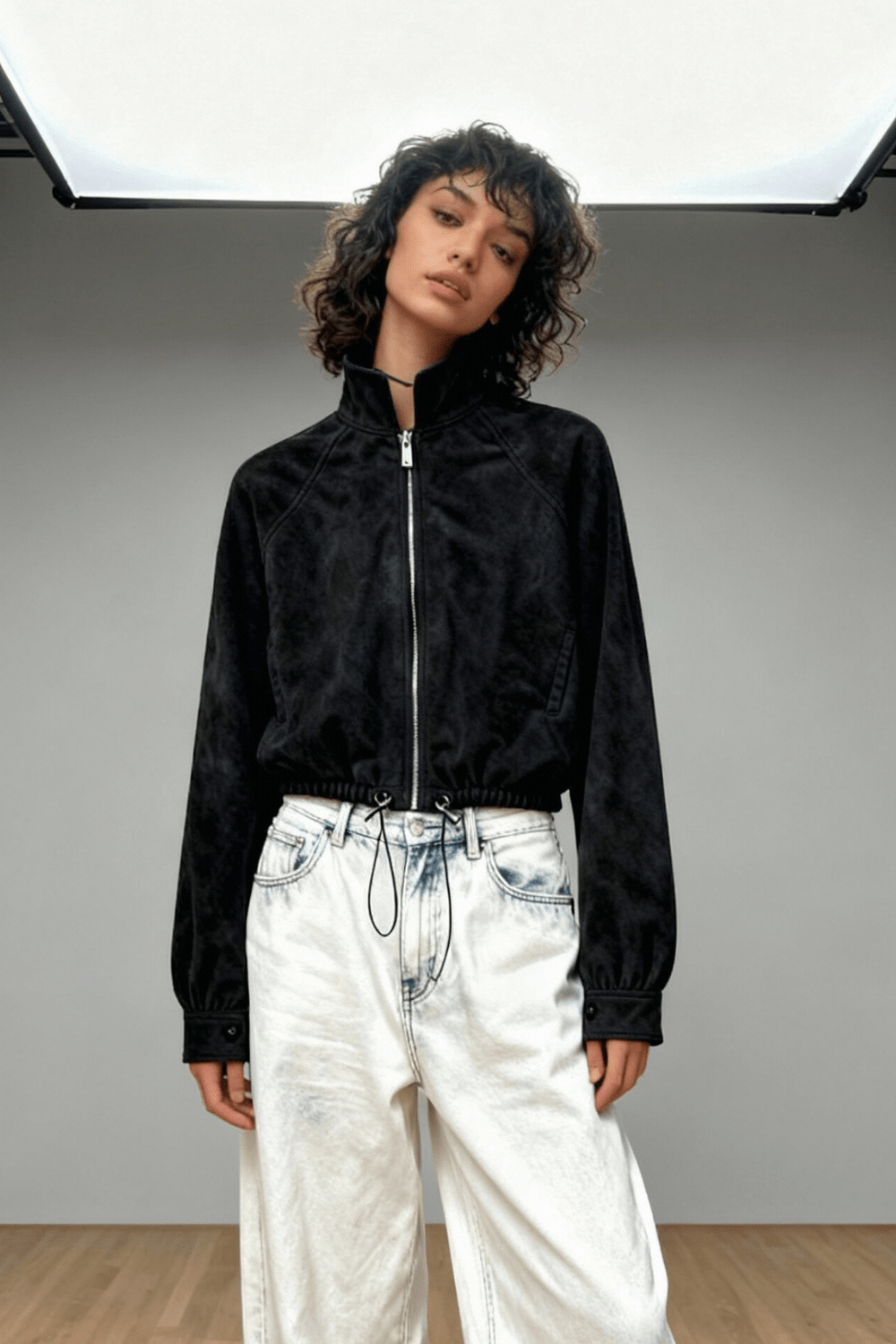Black Suede Nari Bomber Jacket - BEEGLEE