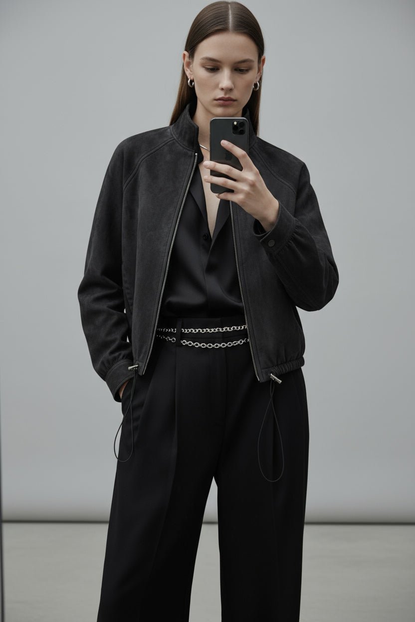 Black Suede Nari Bomber Jacket - BEEGLEE