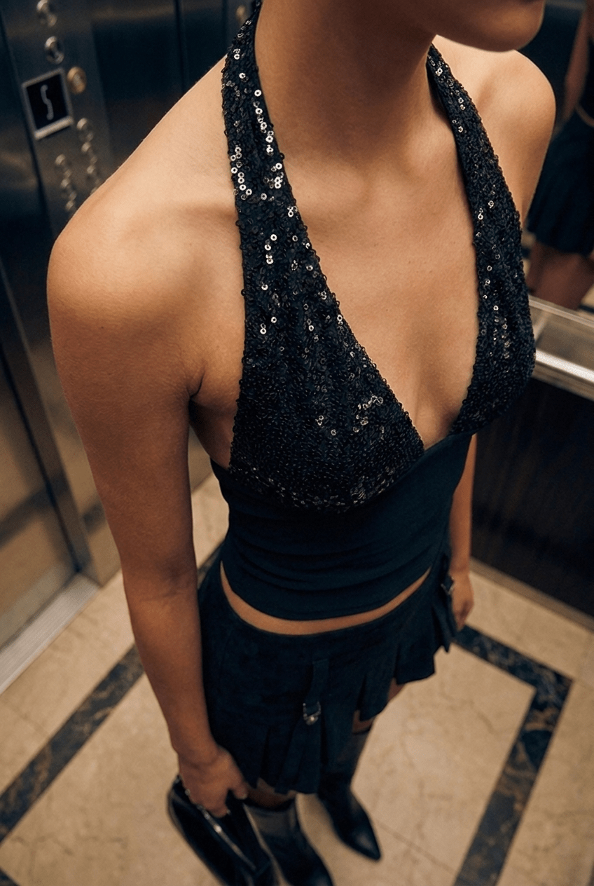 Black Veil Sequin Top - BEEGLEE