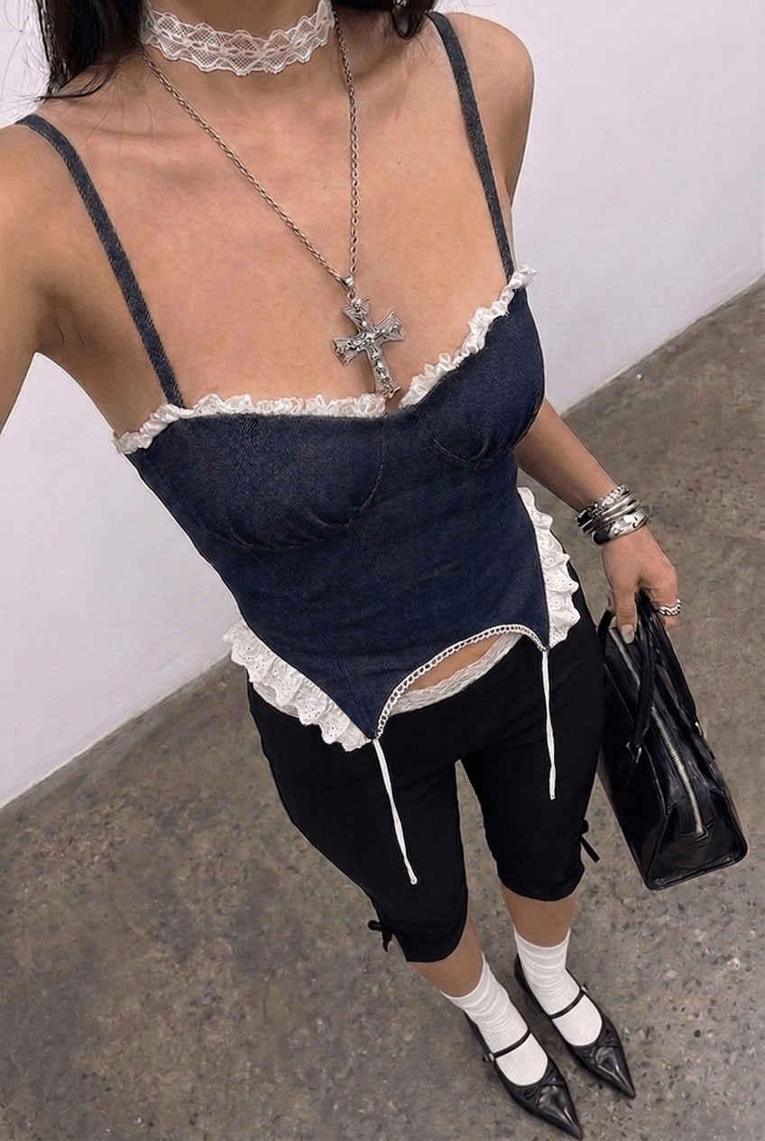 Blue Ruched Denim Corset - BEEGLEE