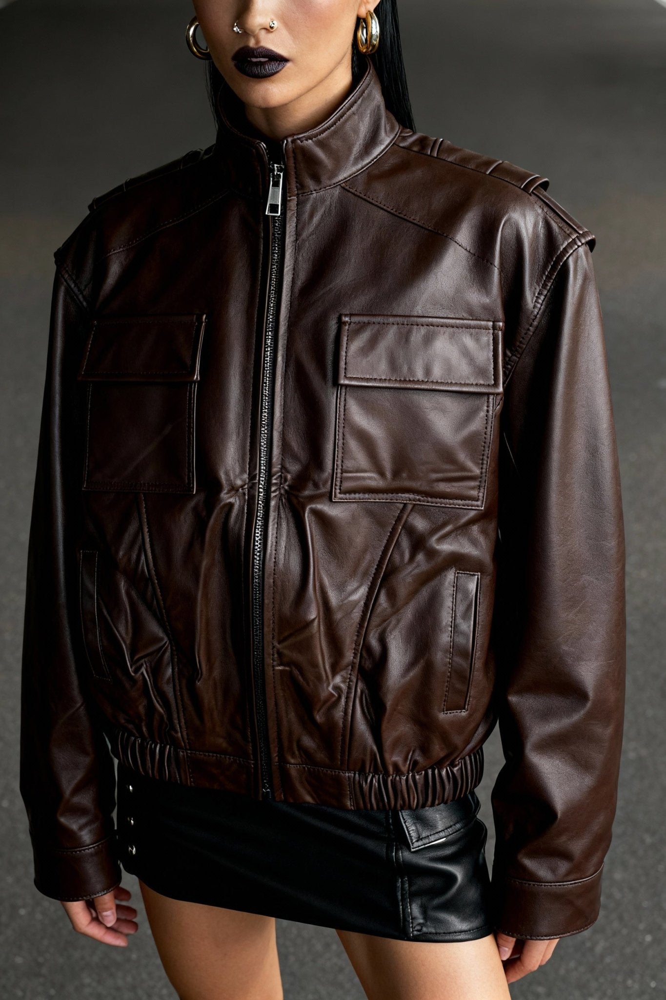 Brown bomber leather jacket - BEEGLEE