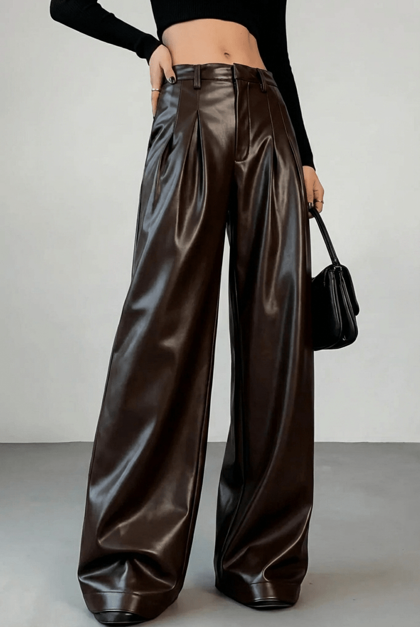 Brown Pleated Leather Pants - BEEGLEE