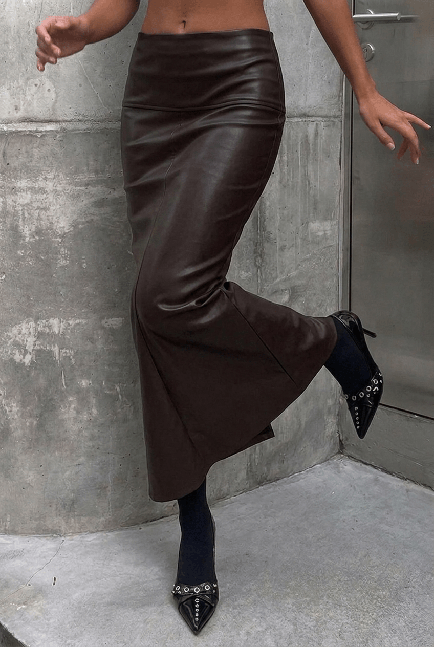 Brown Trumpet Leather Skirt - BEEGLEE