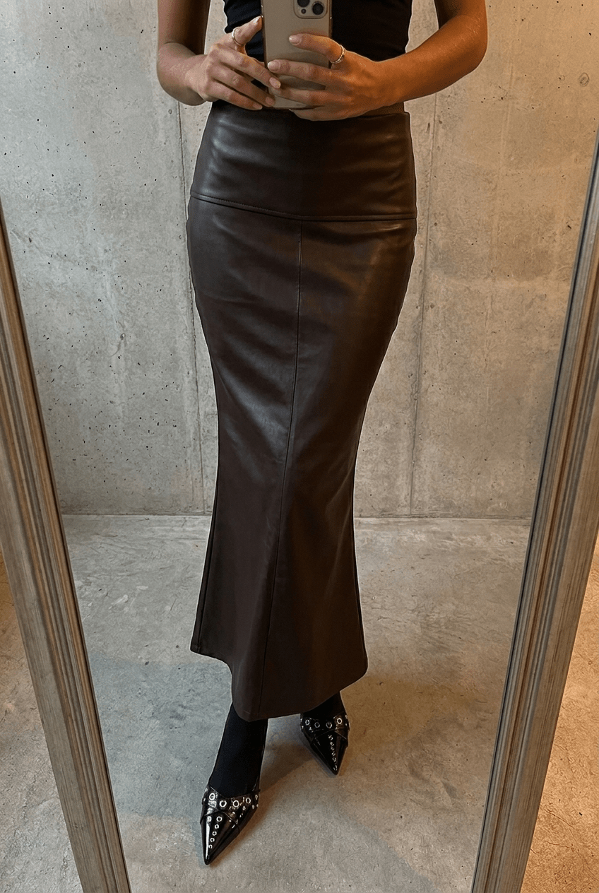 Brown Trumpet Leather Skirt - BEEGLEE