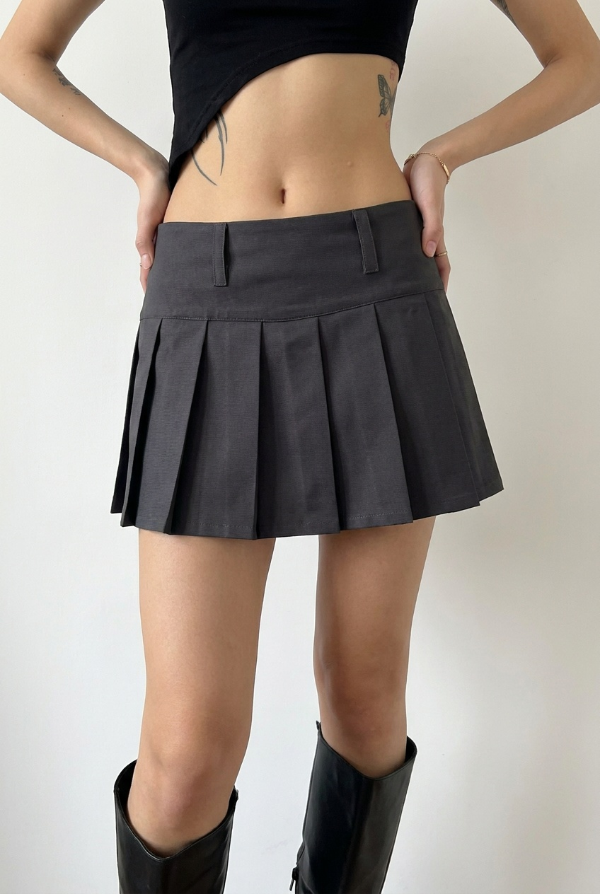 Charcoal Pleated Tennis Skort - front view on model