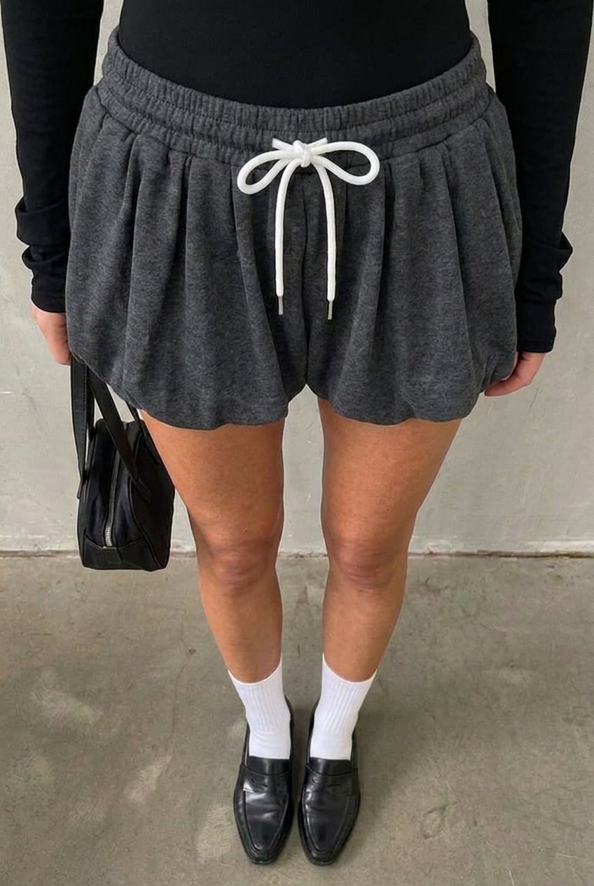 Grey Bubble Skort - front view with drawstring bow