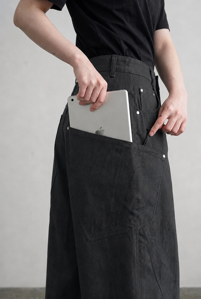 Grey carpenter pants utility patch pocket close-up, on model