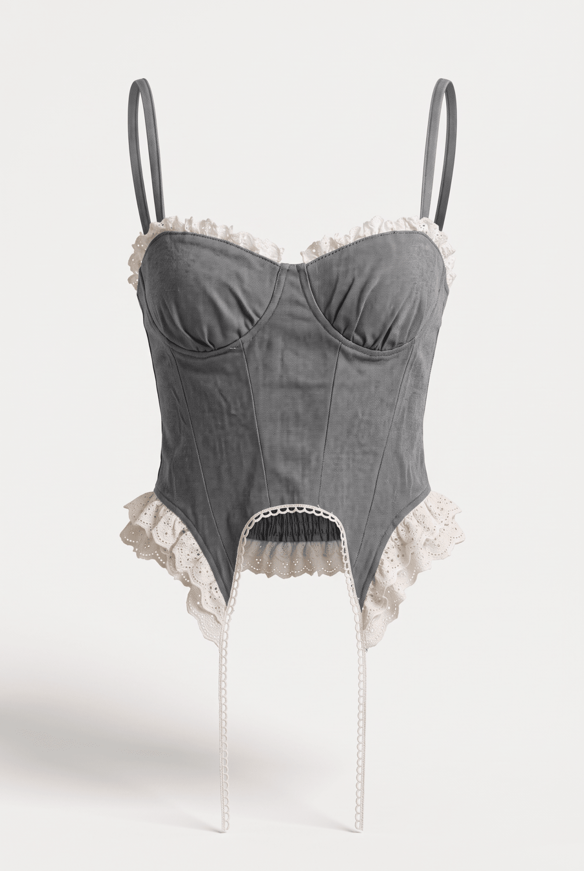 Grey Crush Denim Corset – flatlay