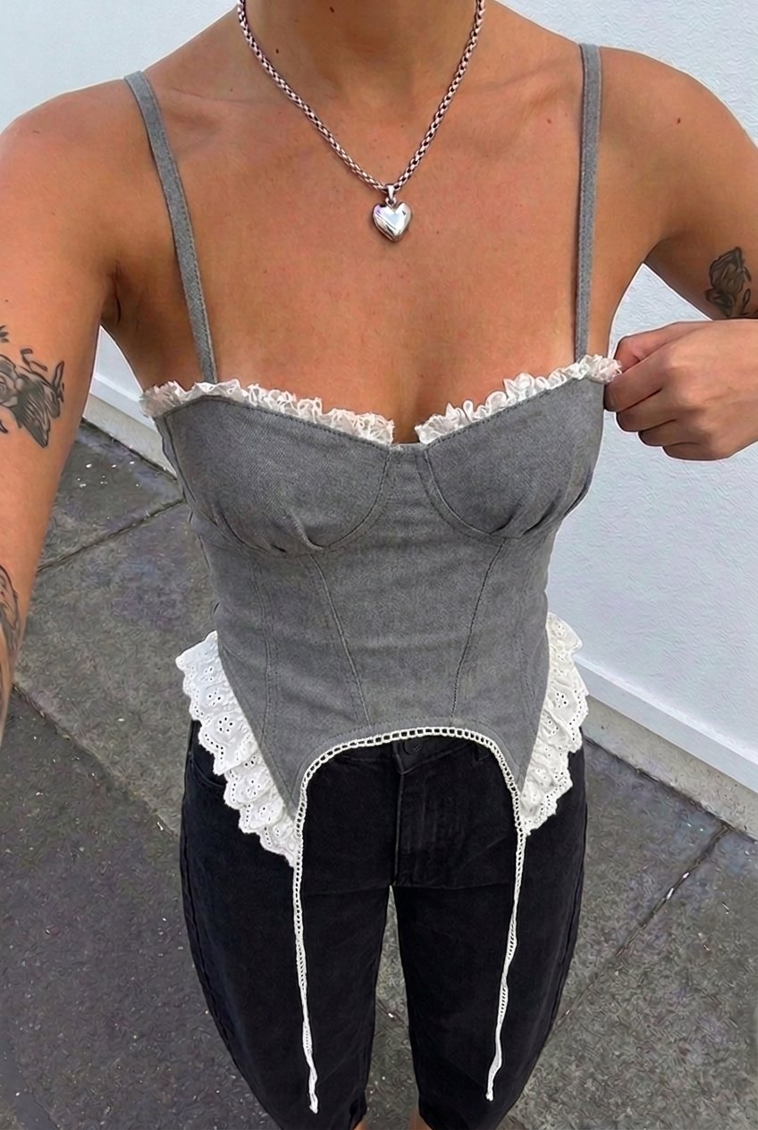 Grey Crush Denim Corset — front view with eyelet trim