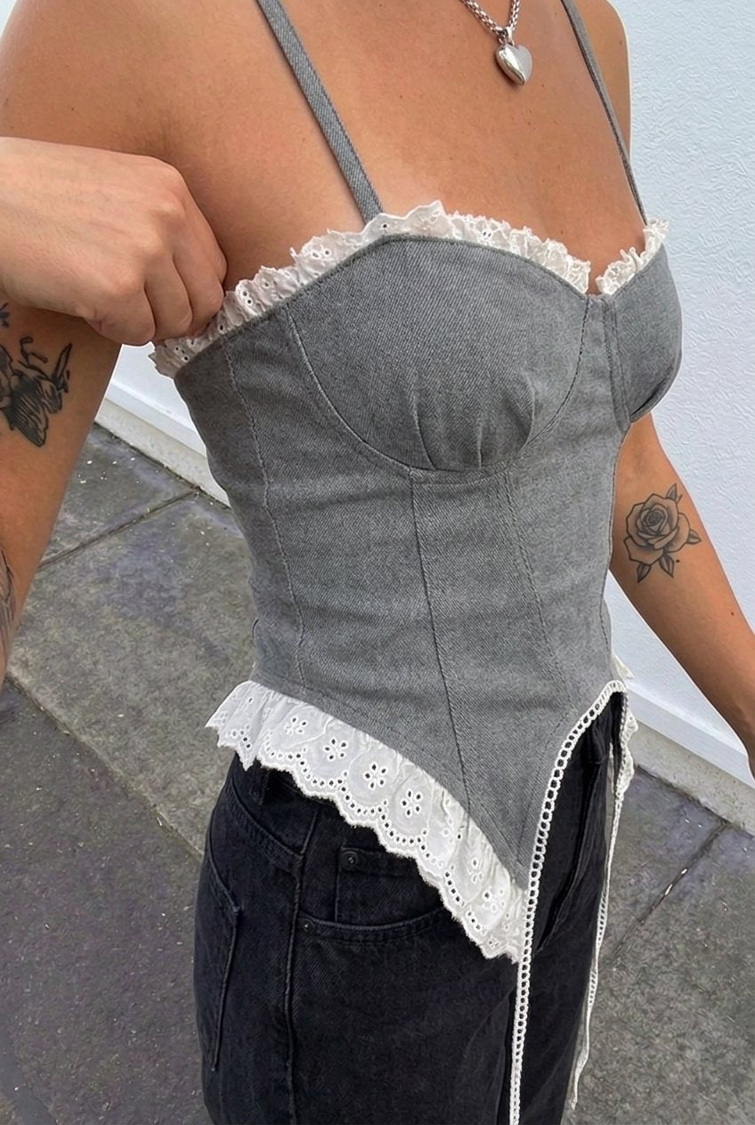 Grey Crush Denim Corset — side view with garter-style hem