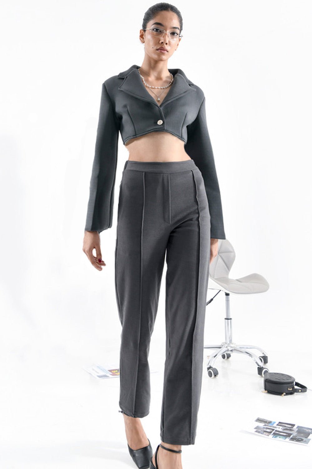 Grey High Rise Tapered Pants - BEEGLEE