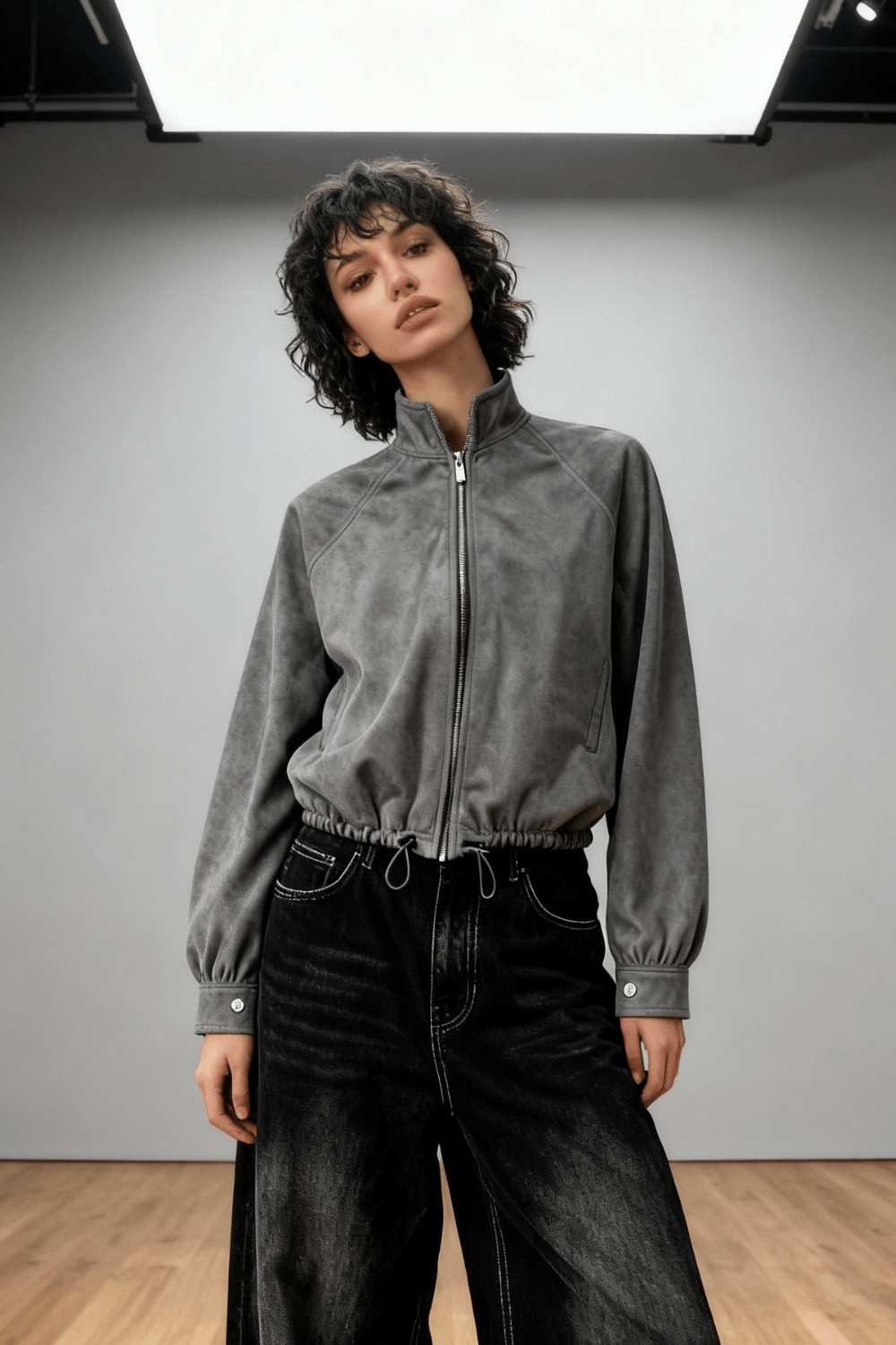 Grey Suede Nari Bomber Jacket - BEEGLEE