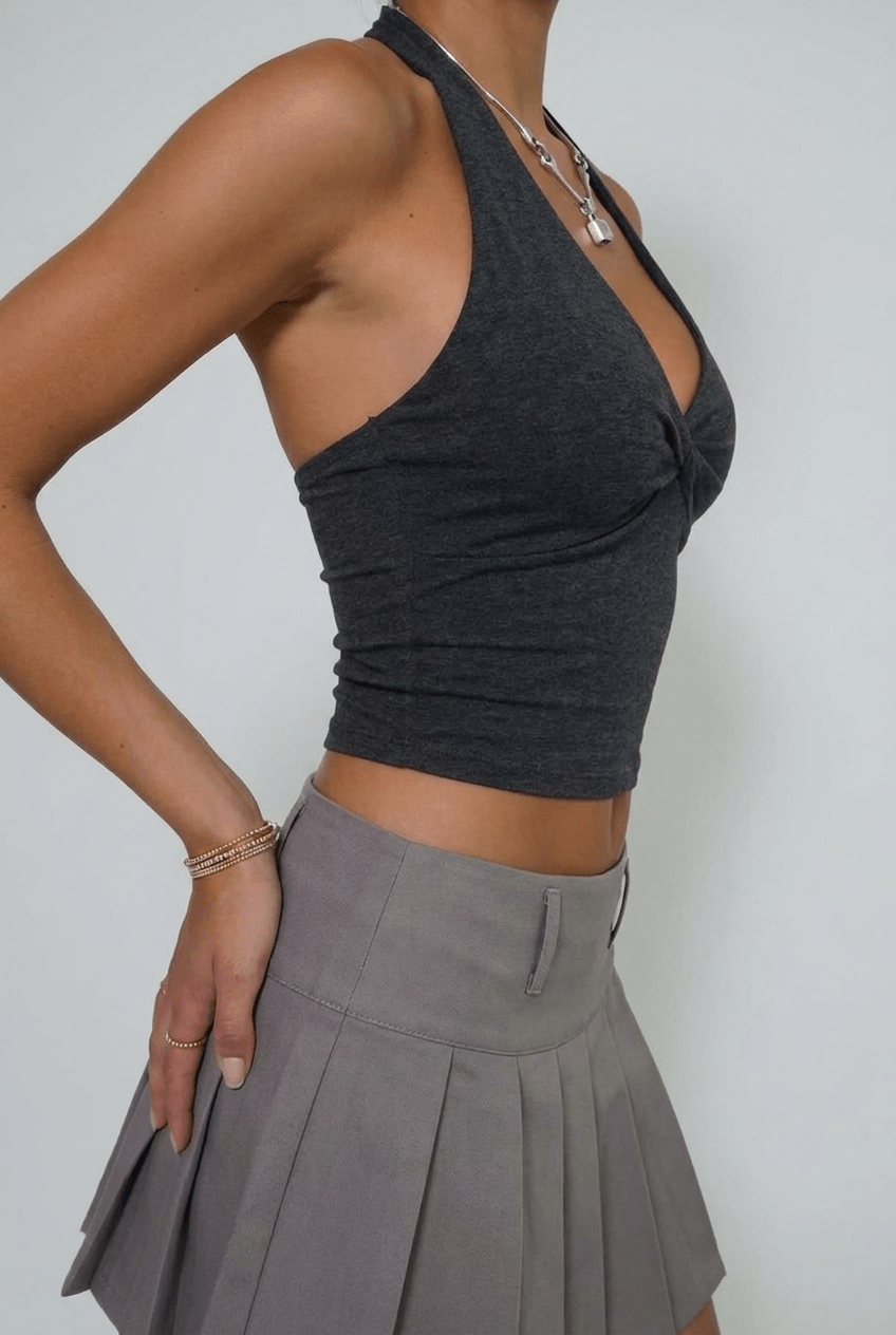 Grey Twist-Front Halter Top - BEEGLEE