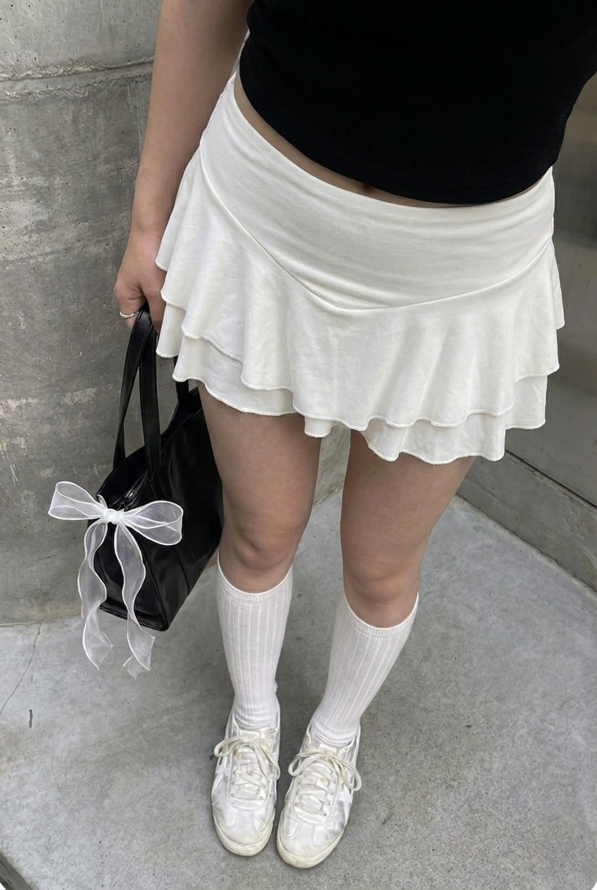 White V-Shape Ruffle Skort
