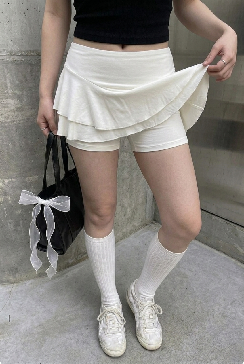 White V-Shape Ruffle Skort