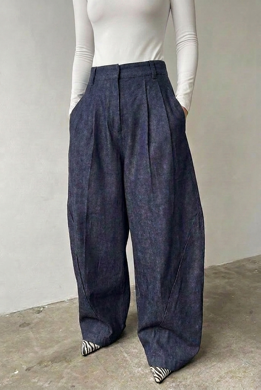 Blue Pleated Denim Pants