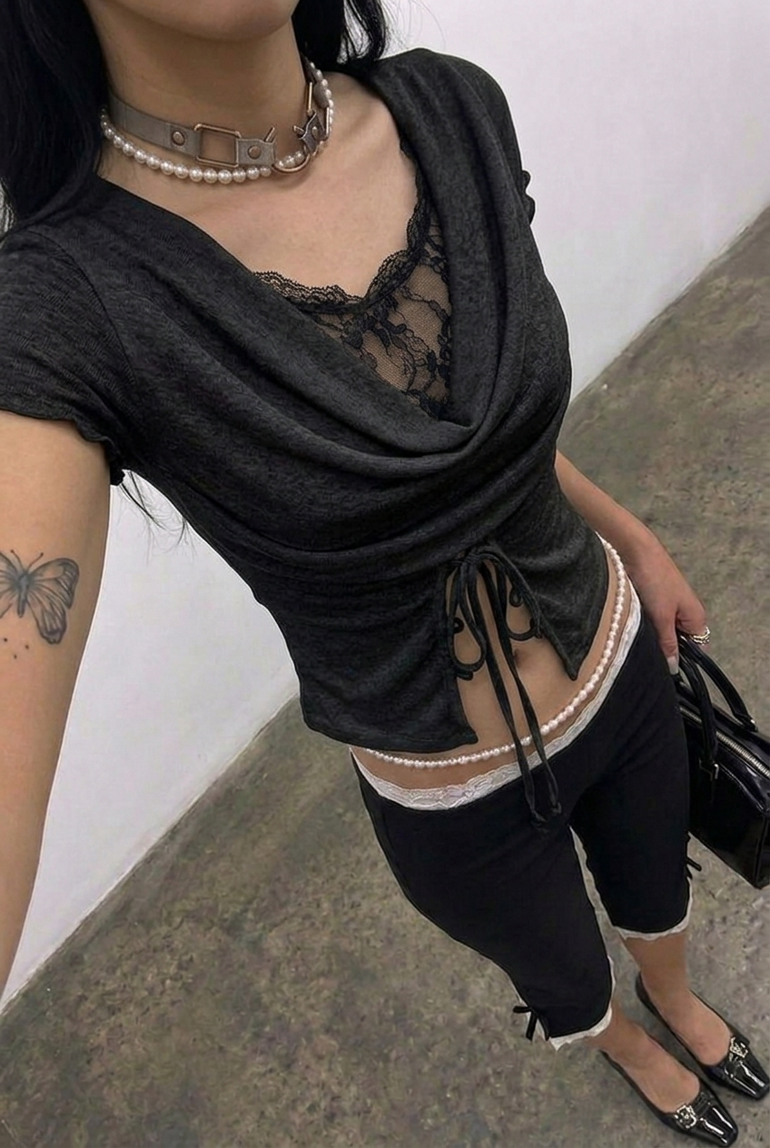 Black Cowl Lace Top