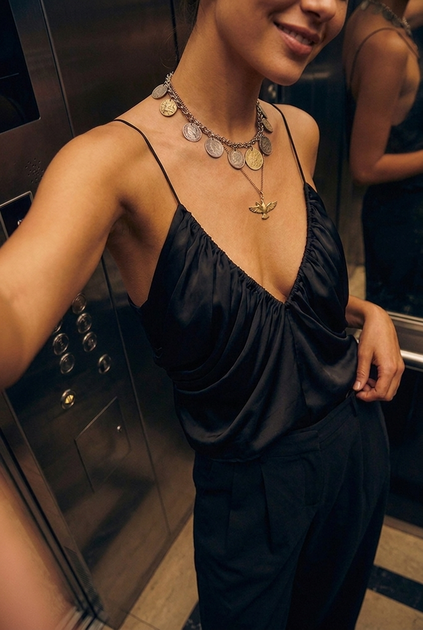 Black Ruched Satin Cami Top