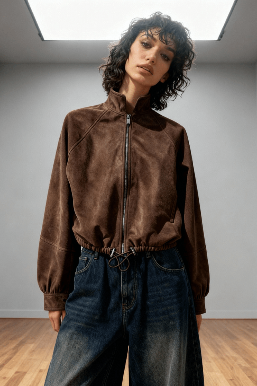 Mocha Suede Nari Bomber Jacket - BEEGLEE