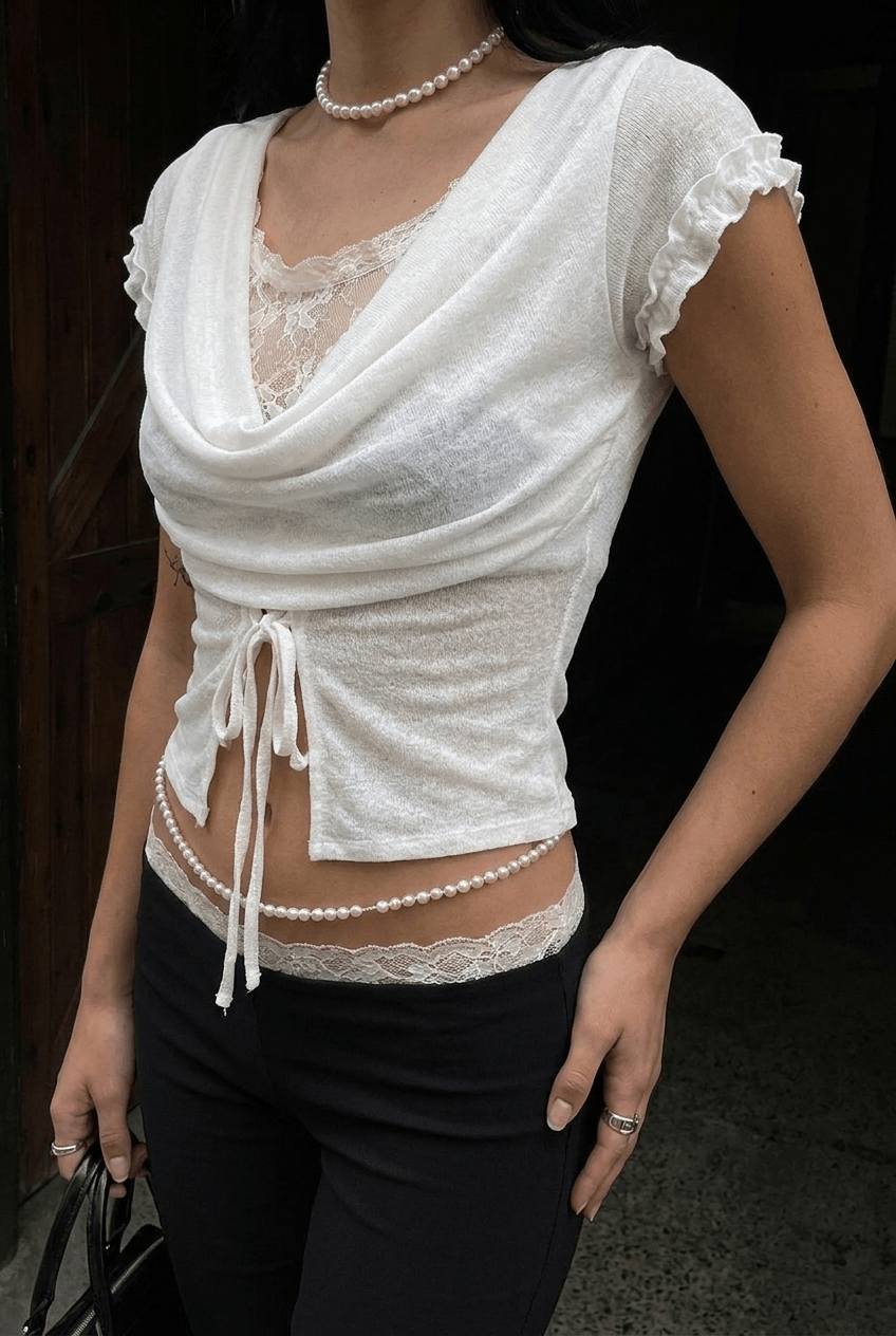 White Cowl Lace Top - BEEGLEE