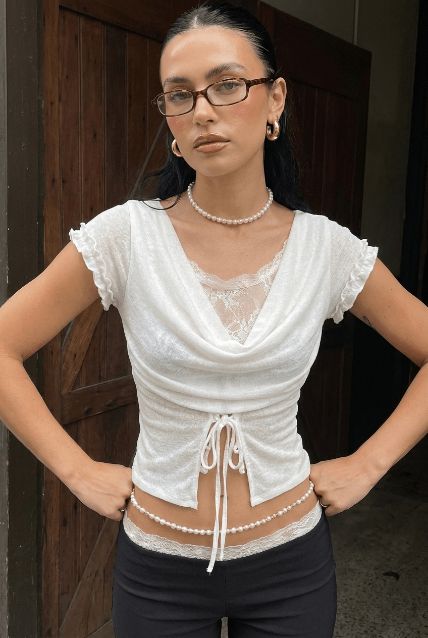 White Cowl Lace Top - BEEGLEE