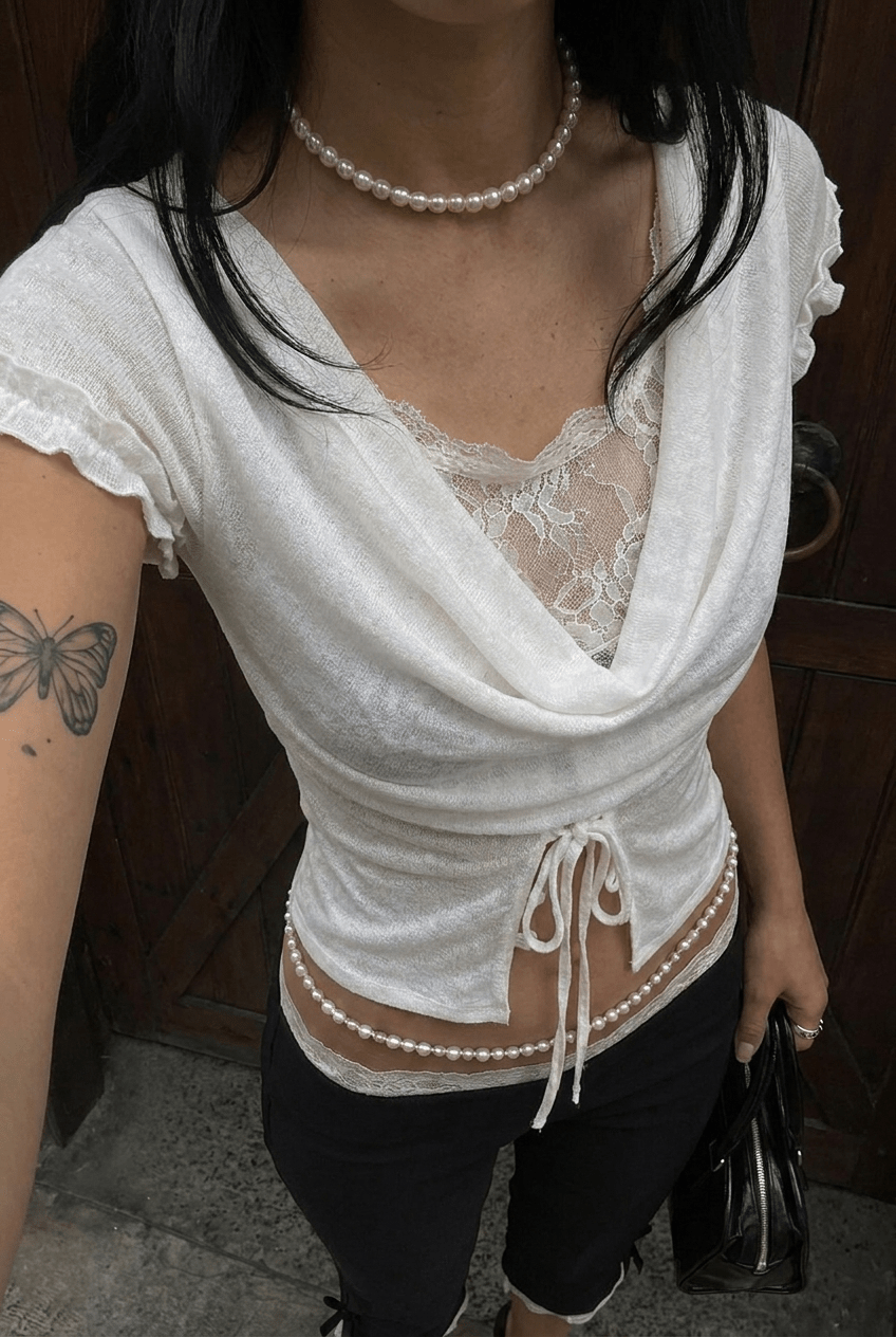 White Cowl Lace Top - BEEGLEE