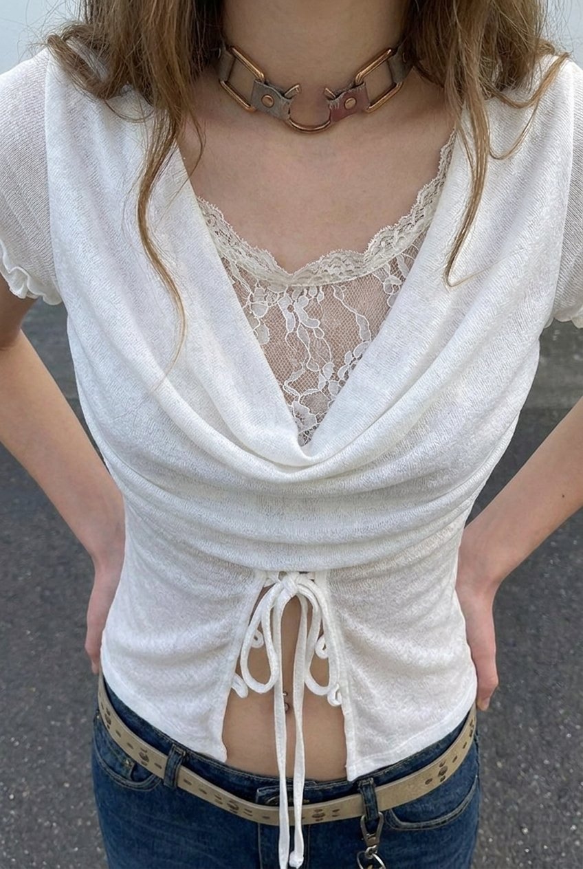 White Cowl Lace Top - BEEGLEE