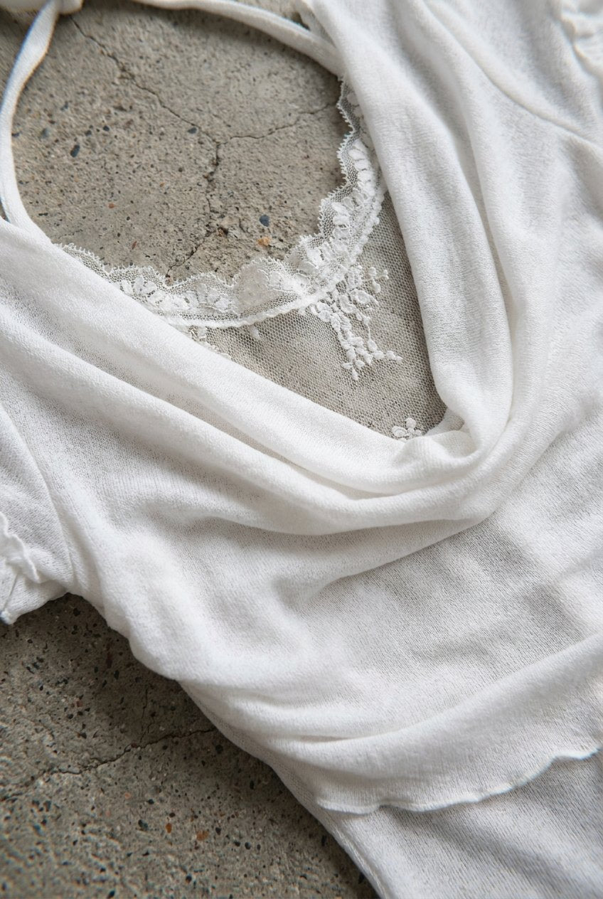 White Cowl Lace Top - lace insert neckline detail
