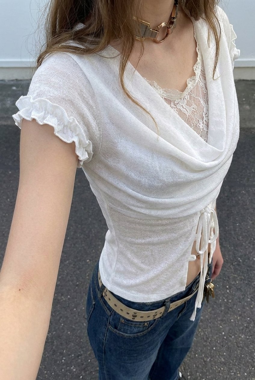 White Cowl Lace Top - angled view with frill sleeves
